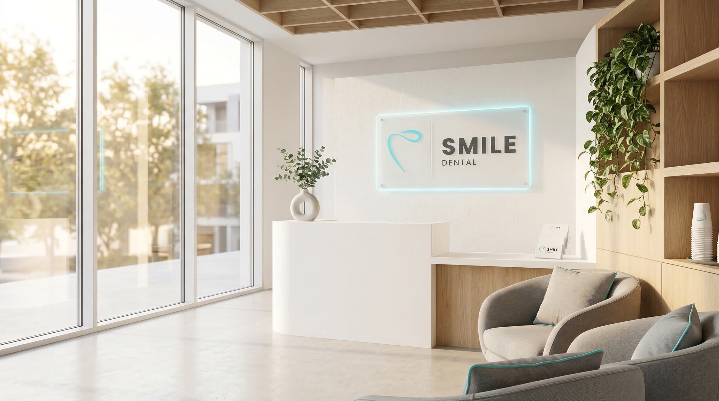 Modern dental practice reception with comfortable seating and natural light